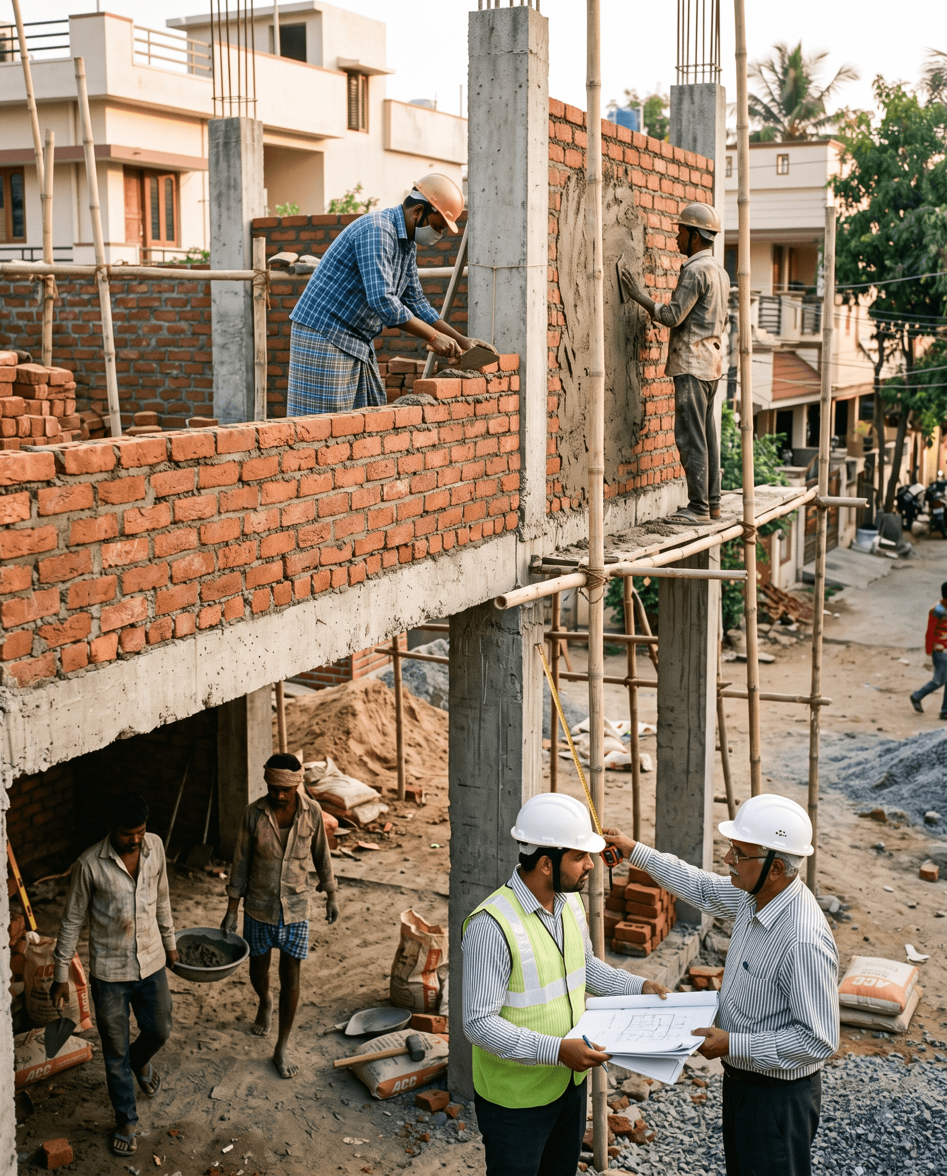 Construction managers in high-visibility vests reviewing architectural plans on a job site