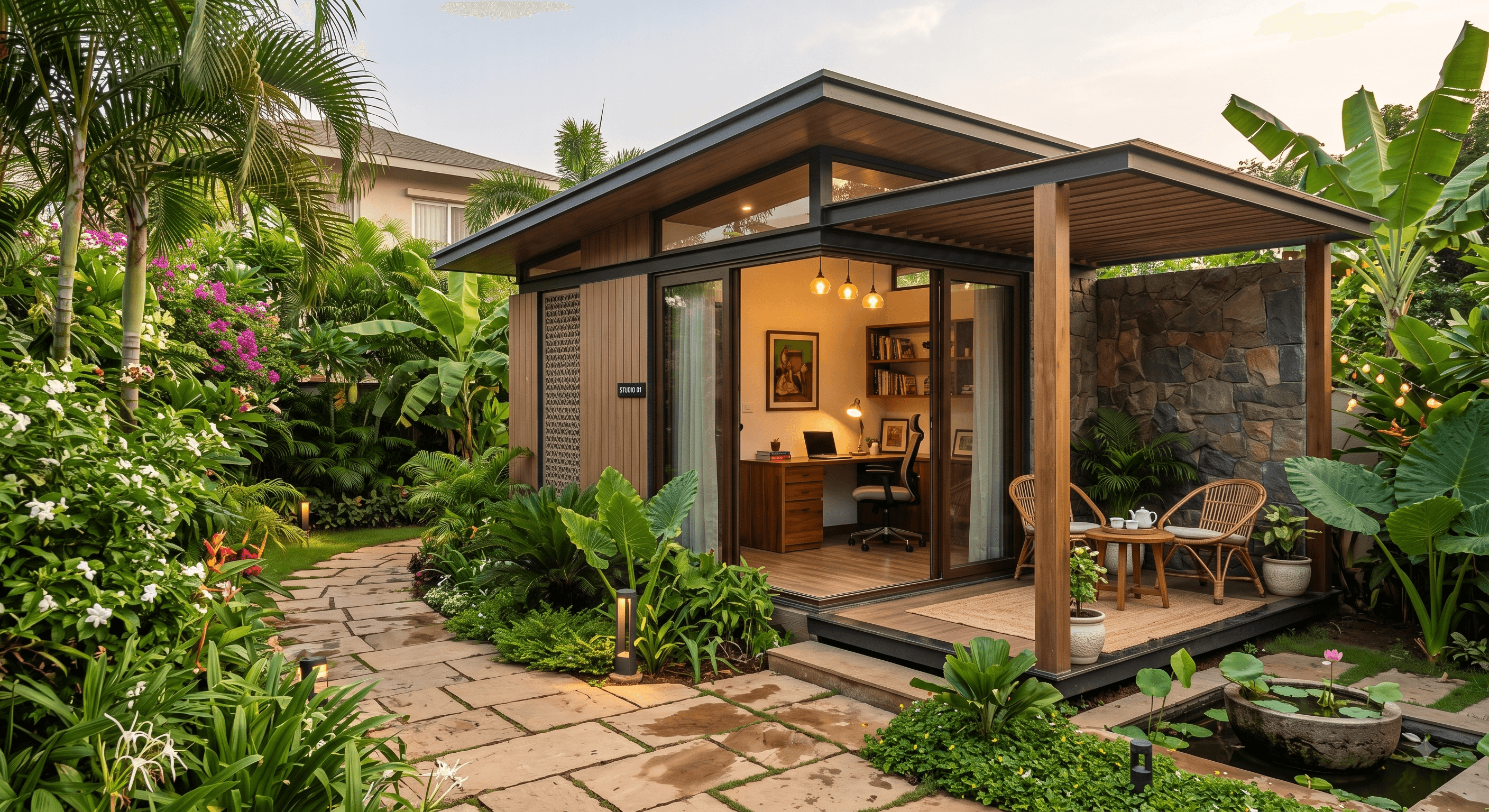 Timber-clad garden studio with full-height glazing opening onto a lawn