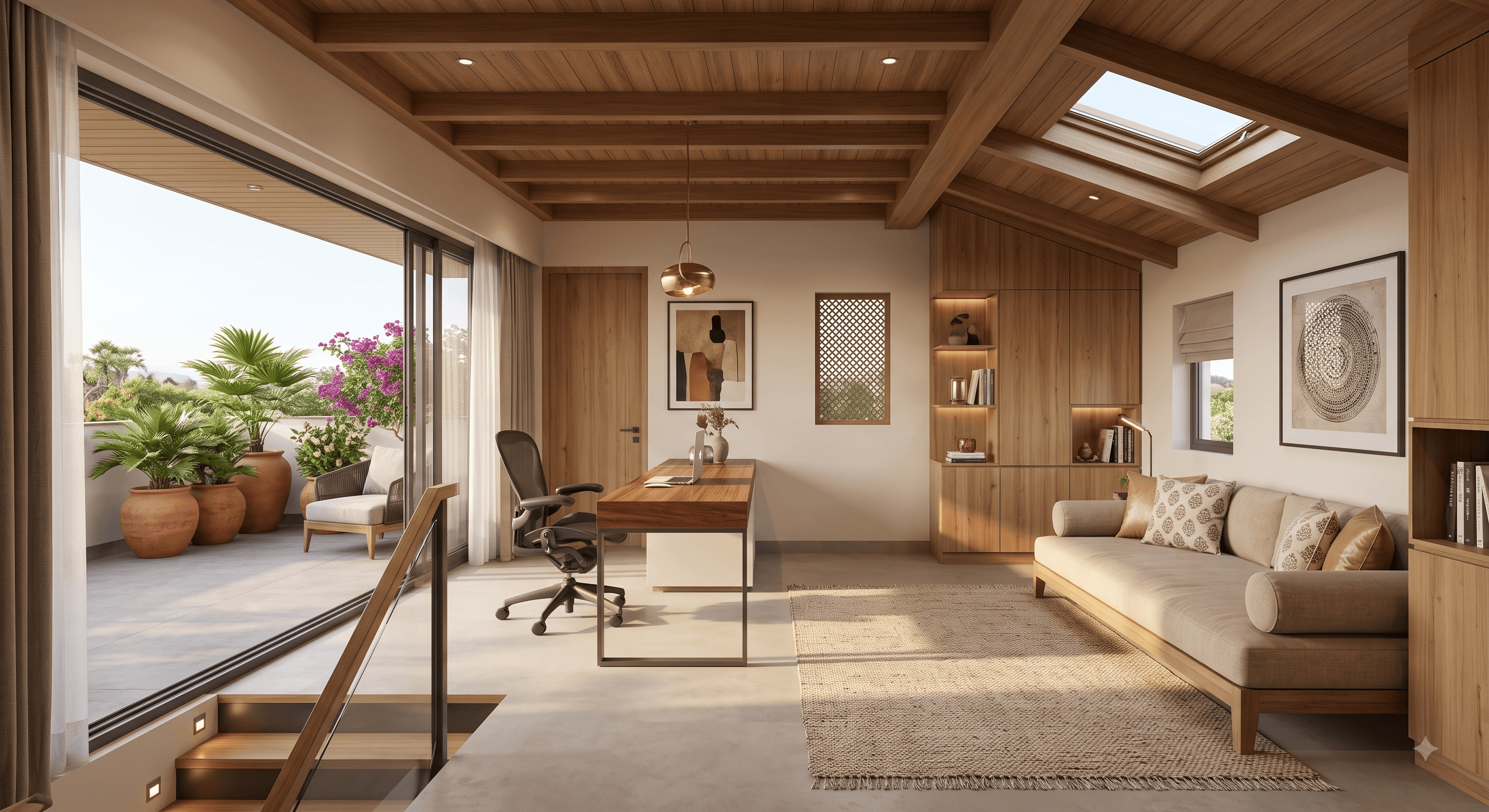 Converted loft bedroom with exposed roof beams and a dormer window seat