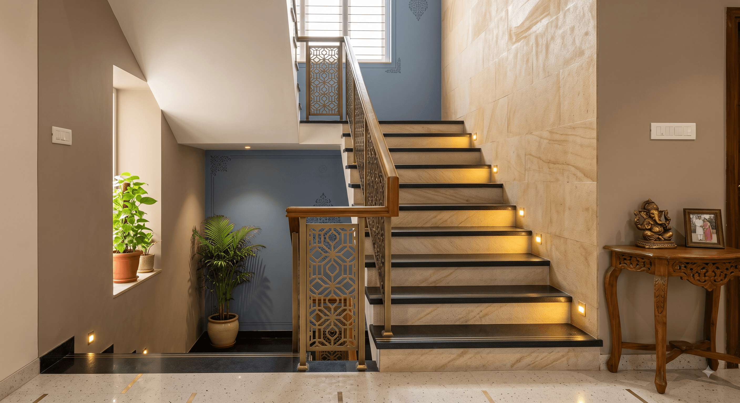 Cantilevered stone staircase with a slim steel balustrade in a bright hallway