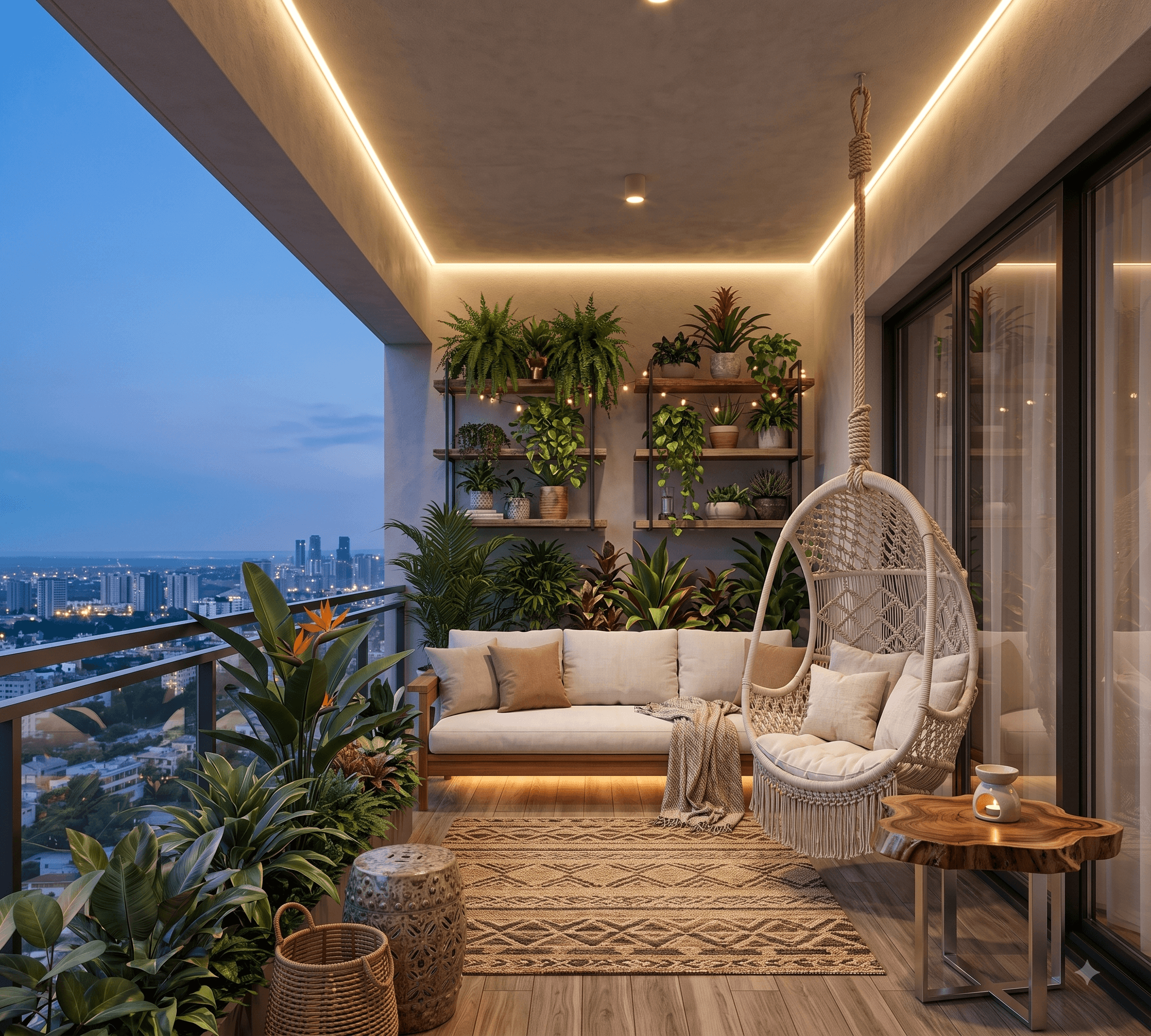Backyard patio with a stone firepit, built-in wooden seating and warm lighting at dusk